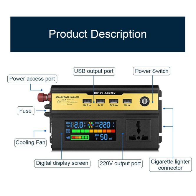 Power Supply | 3000W Car Power Inverter LED Digital Modified Sinewave Inverter 12V to 220V Converter with AC Outlets 4 USB Charging Ports for Car Vehicle Home Laptops Black Car Electronics Black