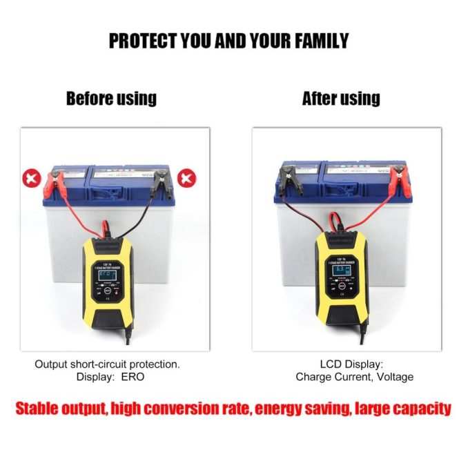 Power Supply | Car Battery Charger, 12V 7A Lead-acid Batteries Charger, LCD Display Smart Battery Maintainer 7-Stages Trickle Chargers for Car, Motorcycle, Lawn Mower, Marine Boat, SUV eu Car Electronics Power Supply