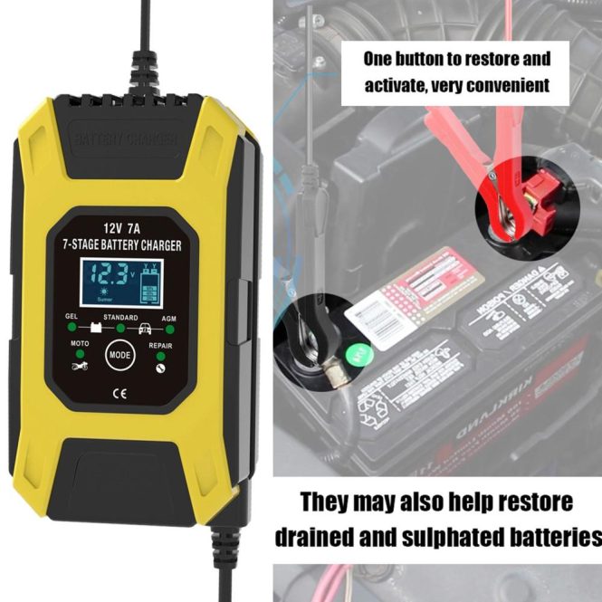 Power Supply | Car Battery Charger, 12V 7A Lead-acid Batteries Charger, LCD Display Smart Battery Maintainer 7-Stages Trickle Chargers for Car, Motorcycle, Lawn Mower, Marine Boat, SUV eu Car Electronics Power Supply