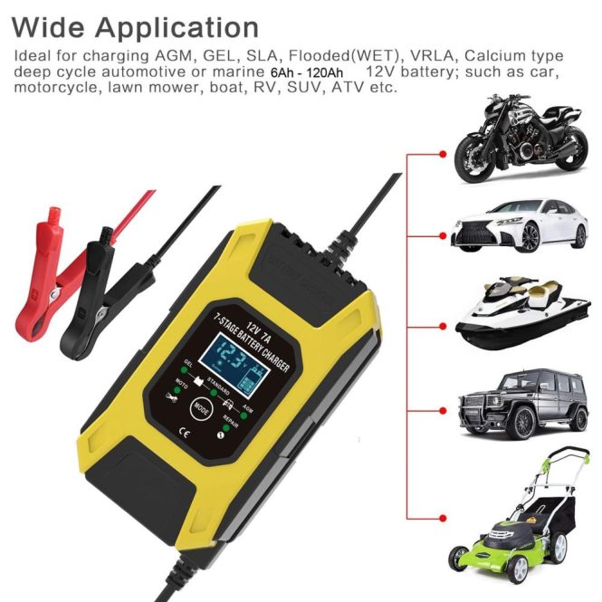 Power Supply | Car Battery Charger, 12V 7A Lead-acid Batteries Charger, LCD Display Smart Battery Maintainer 7-Stages Trickle Chargers for Car, Motorcycle, Lawn Mower, Marine Boat, SUV eu Car Electronics Power Supply