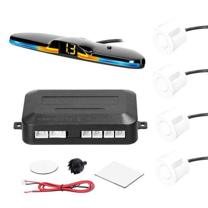 Radar Detector | Car Parking Sensor Rear Reversing Radars System with 4 Parking Sensors White Car Alarms & Security Radar Detector