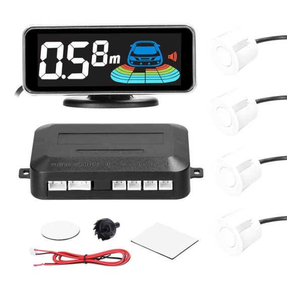 Radar Detector | Car Parking Sensor Rear Reversing Radars System with 4 Parking Sensors White1 Car Alarms & Security Radar Detector