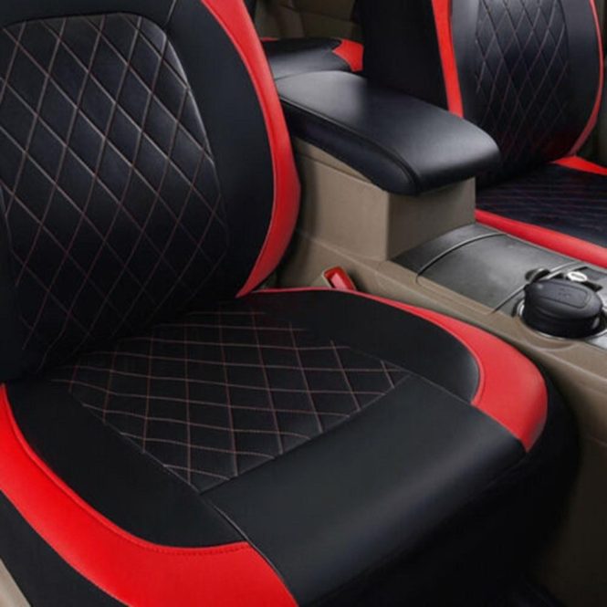 Car Seat Cushion | 9 Pieces Car Seat Covers Universal PU Leather Seat Protector Full Set Automobile Interior Accessories for Car SUV Vehicle Red Car Decorations Car Seat Cushion