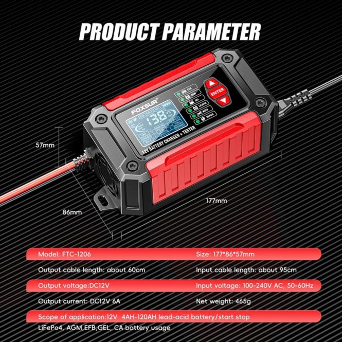 Car Charger | 12V 6-Amp Battery Charger and Tester for Motorcycle Car eu Red Car Charger Car Charger