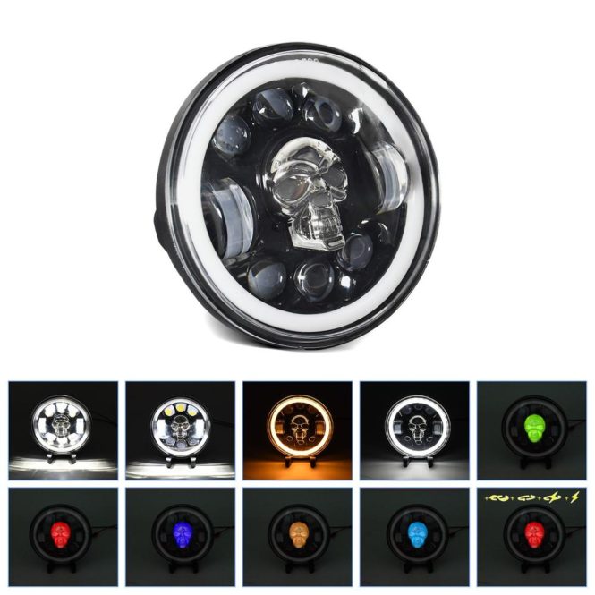 Motorcycle Led Lights | 1Pcs 5.75 inch Motorcycle LED Headlight Skull Pattern LED Headlight with High/Low Beam Turn Signal DRL and Colorful Angle Eye Light Black Motorcycle Accessories Black