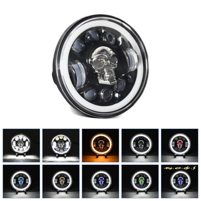 Motorcycle Led Lights | 1Pcs 5.75 inch Motorcycle LED Headlight Skull Pattern LED Headlight with High/Low Beam Turn Signal DRL and Colorful Angle Eye Light Black Motorcycle Accessories Black