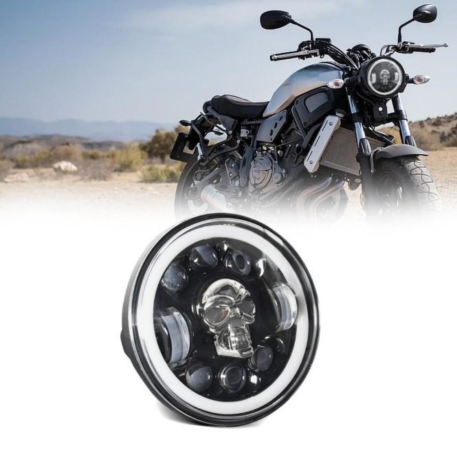 Motorcycle Led Lights | 1Pcs 5.75 inch Motorcycle LED Headlight Skull Pattern LED Headlight with High/Low Beam Turn Signal DRL and Colorful Angle Eye Light Black Motorcycle Accessories Black